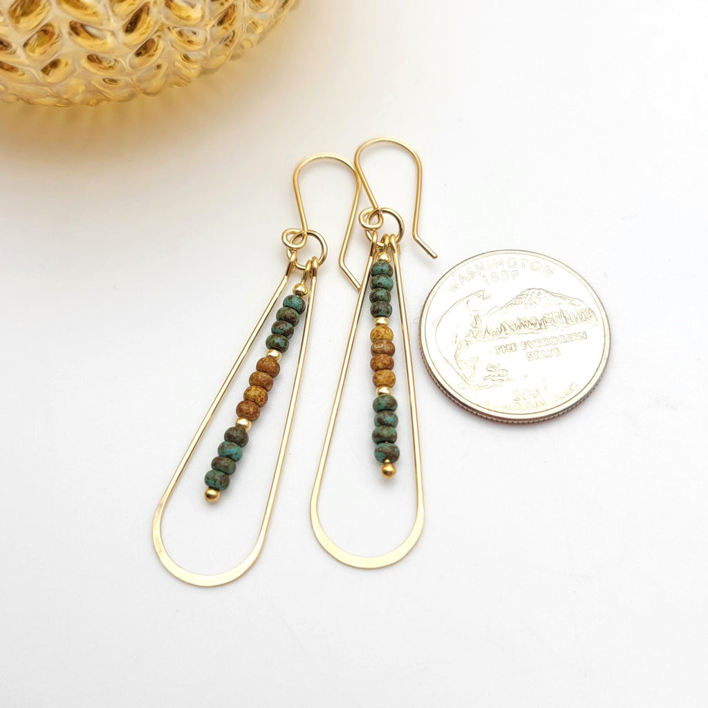 Long Gold Hoops with Green and Tan Beads -Earrings- Bijou by SAM