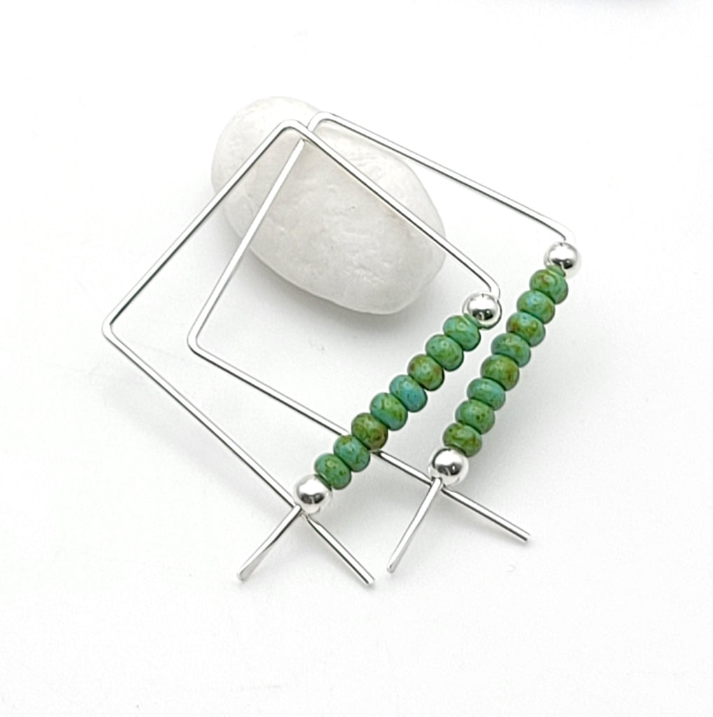 Square Silver and Turquoise Hoop Earrings -Earrings- Bijou by SAM