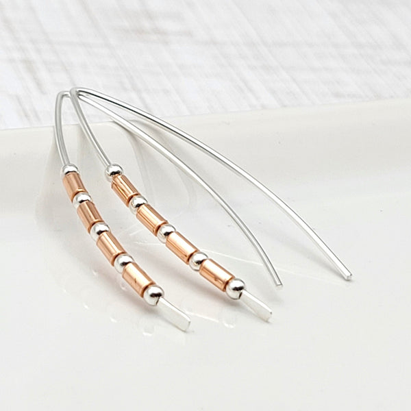 Sterling Silver and Copper Beaded Threader Earrings -Earrings- Bijou by SAM