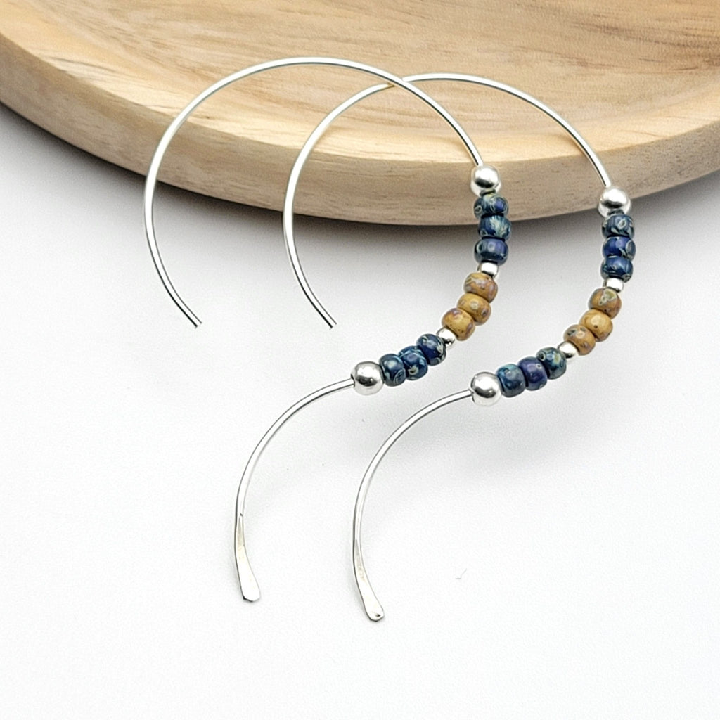 Sterling Silver Open Hoop Earrings with Denim Blue and Tan Miyuki Seed Beads -Earrings- Bijou by SAM