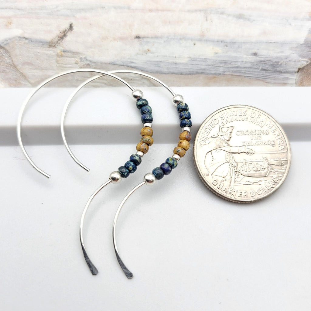 Sterling Silver Open Hoop Earrings with Denim Blue and Tan Miyuki Seed Beads -Earrings- Bijou by SAM