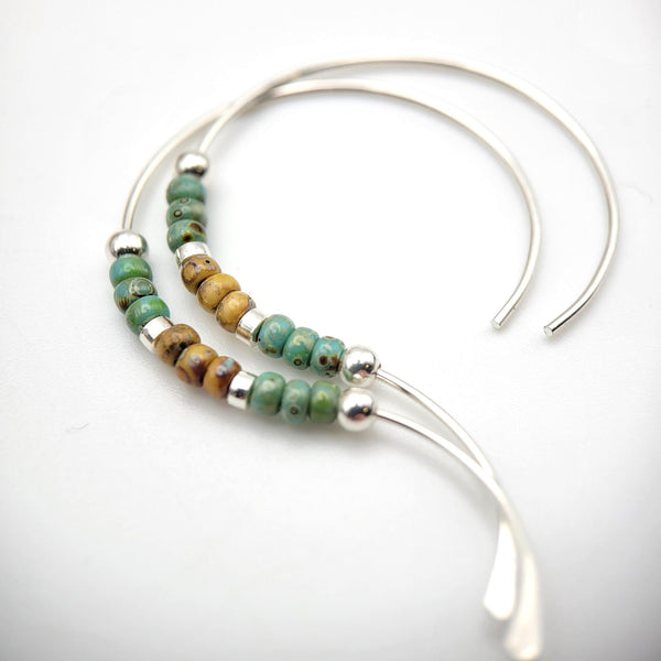 Sterling Silver Open Hoop Earrings with Turquoise Green and Tan Miyuki Seed Beads -Earrings- Bijou by SAM