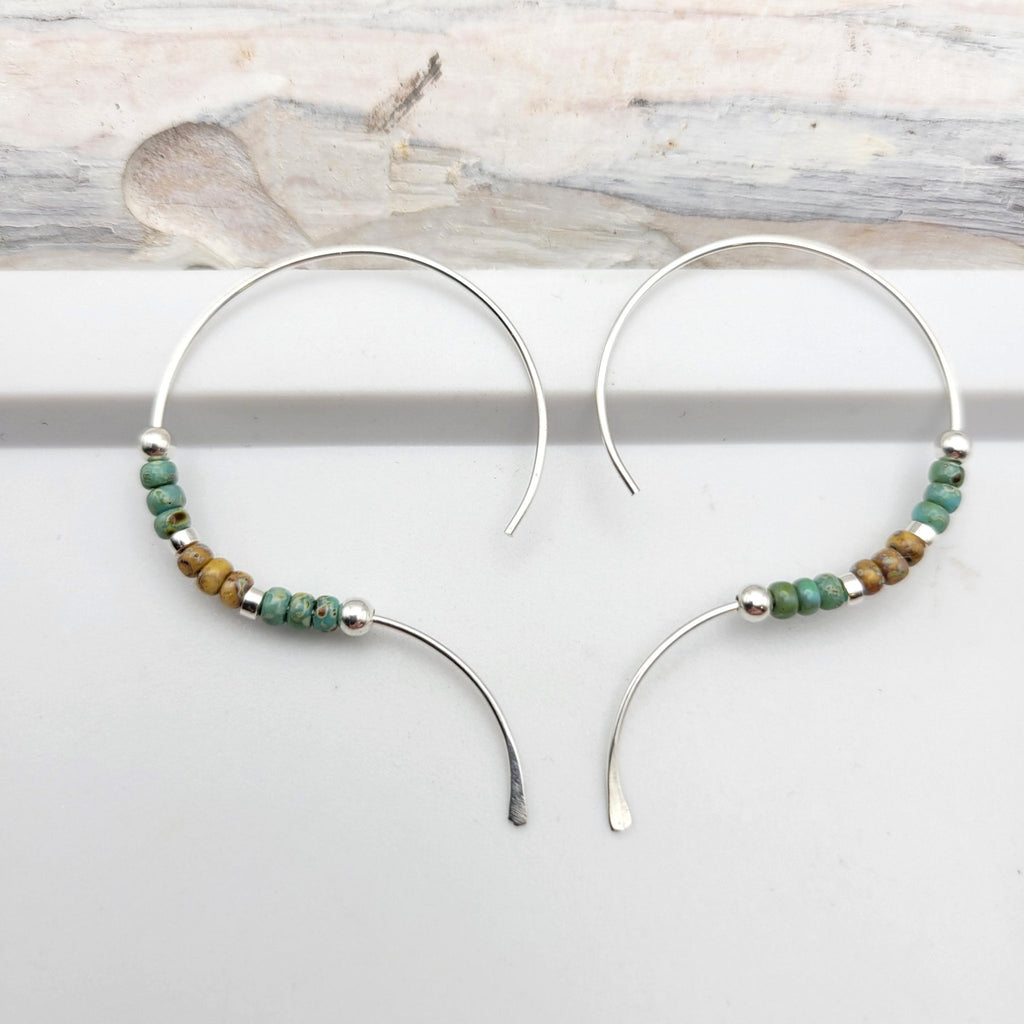 Sterling Silver Open Hoop Earrings with Turquoise Green and Tan Miyuki Seed Beads -Earrings- Bijou by SAM