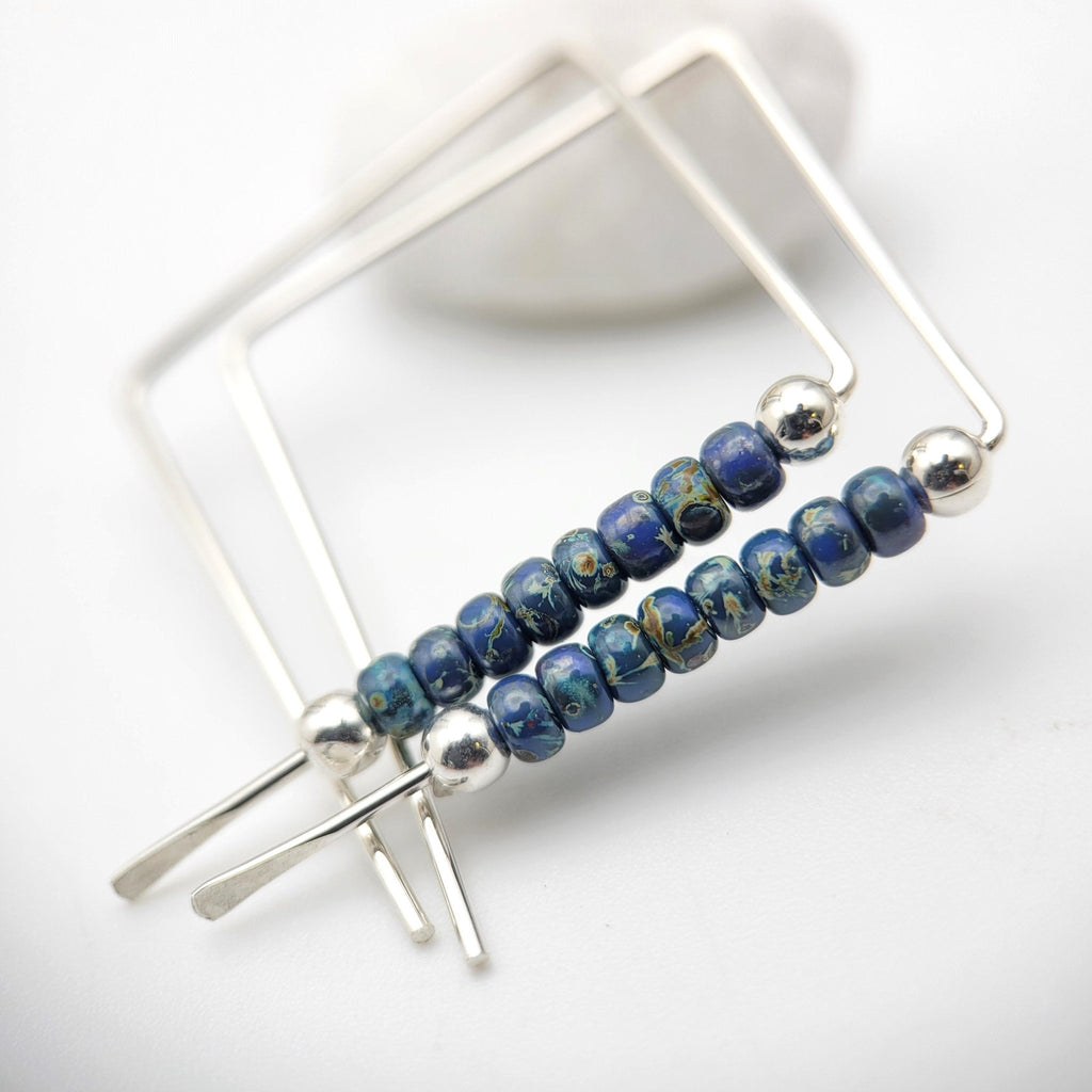 Sterling Silver Square Threader Hoop Earrings with Denim Blue Picasso Seed Beads -Earrings- Bijou by SAM